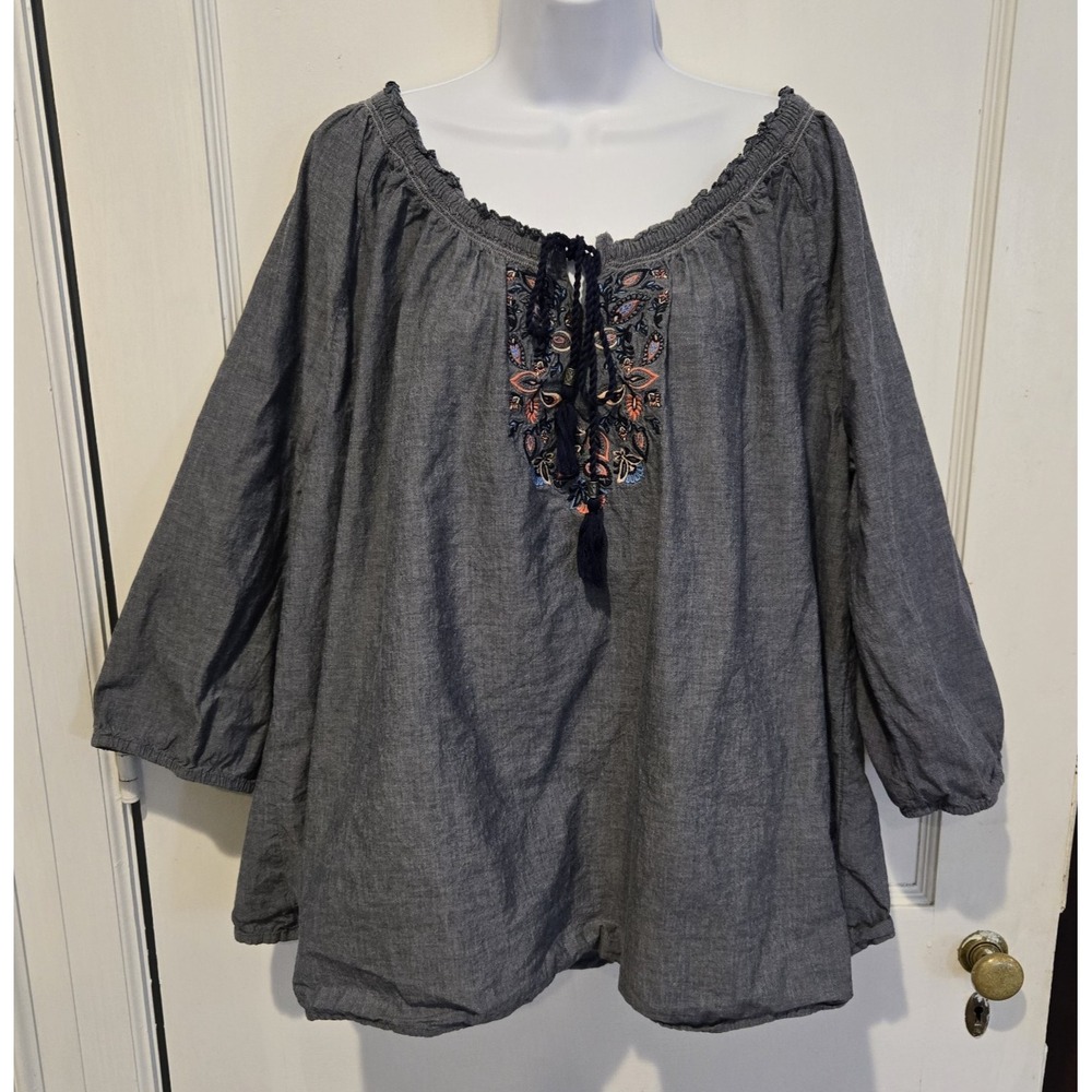 Basic‎ Editions Women's Chambray Tunic Tassel Tie Blouse Bohemian Hippie Size 3X